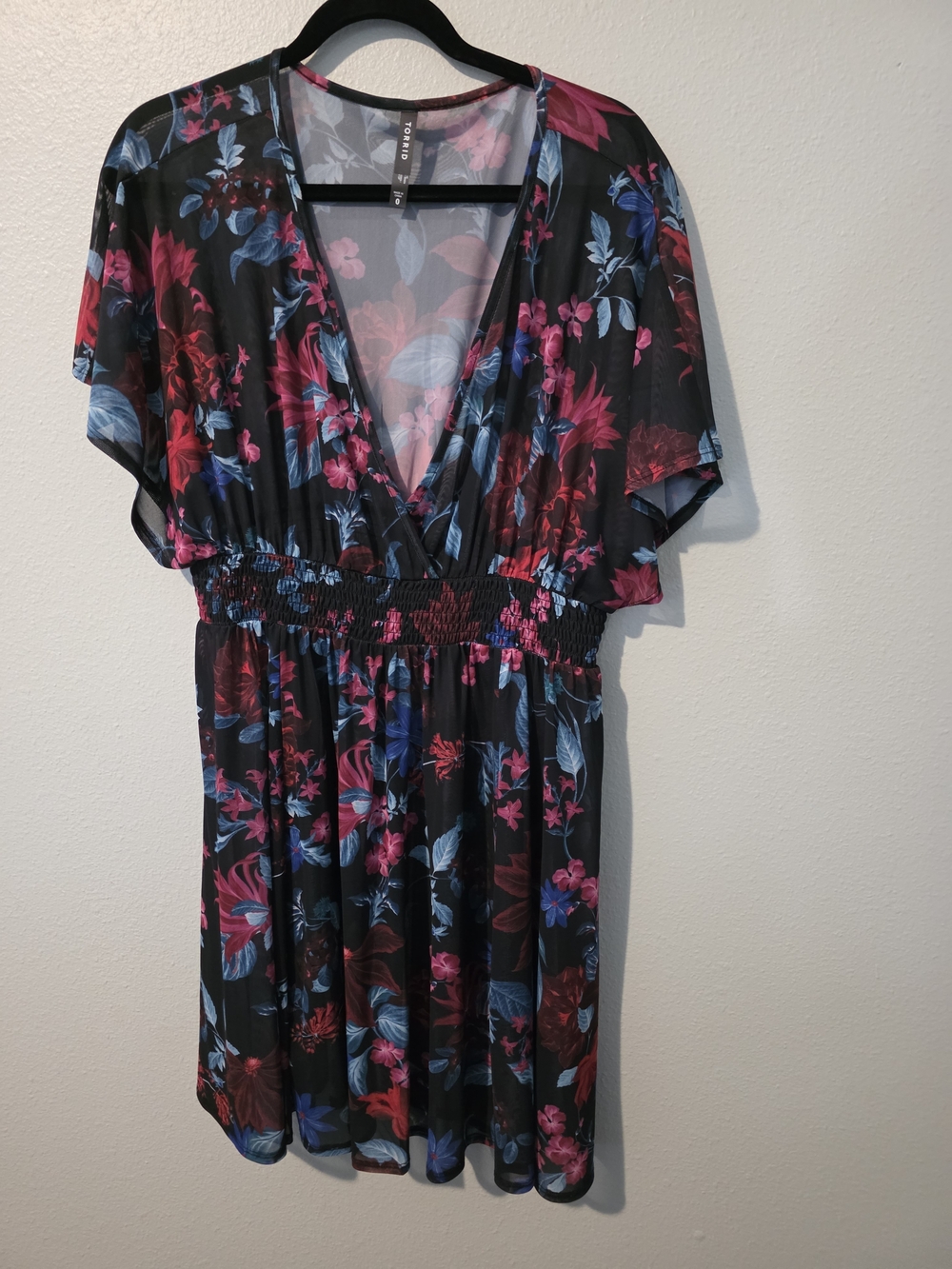 torrid Black Floral V-Neck Dress with Pink and Blue Blooms